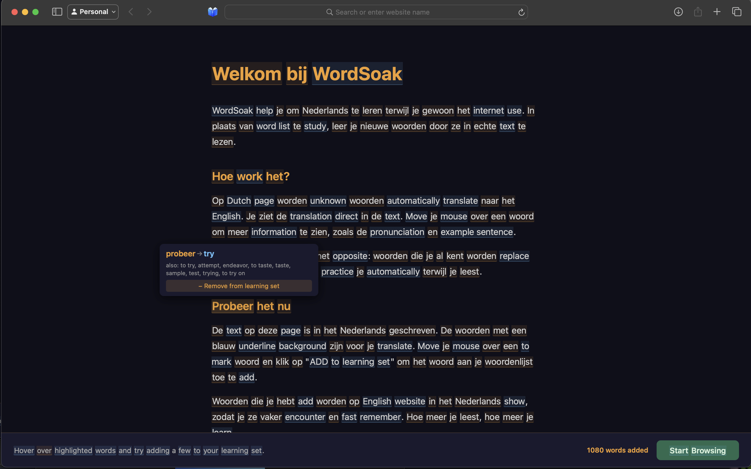 WordSoak welcome page showing highlighted Dutch text with English translations